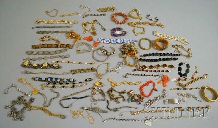 Appraisal: Large Group of Mostly Costume Bracelets including coral hardstone rhinestone