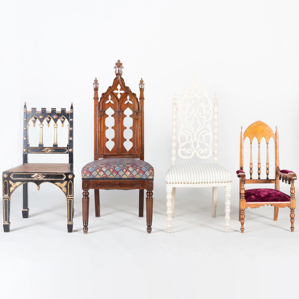 Appraisal: Group of Four Victorian Neo-Gothic Chairs The largest x x