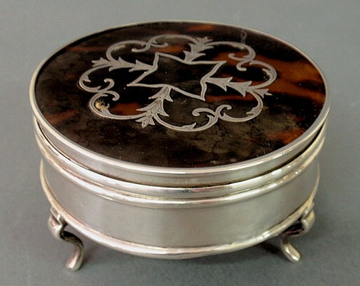 Appraisal: Round English silver and faux tortoise shell storage box h