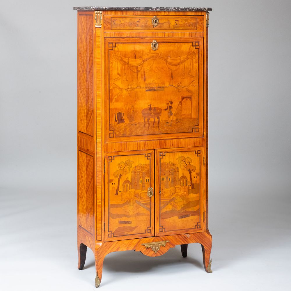 Appraisal: Louis XV XVI Tulipwood and Walnut Marquetry Secr taire Abattant