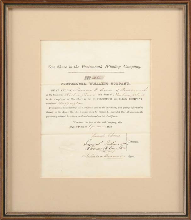 Appraisal: FRAMED PORTSMOUTH WHALING COMPANY STOCK CERTIFICATE Printed document with hand