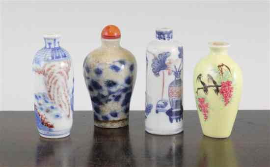 Appraisal: Four Chinese porcelain snuff bottles three painted in underglaze blue