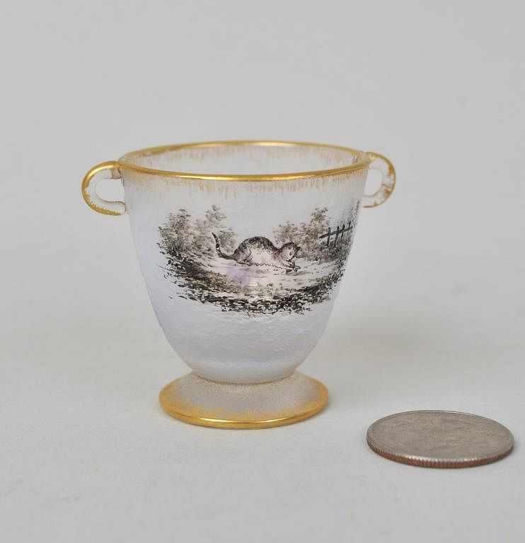 Appraisal: Daum Diminutive Cameo Glass Cup cat playing with mouse on