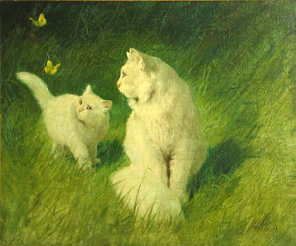 Appraisal: Arthur Heyer German - A cat and her kitten with