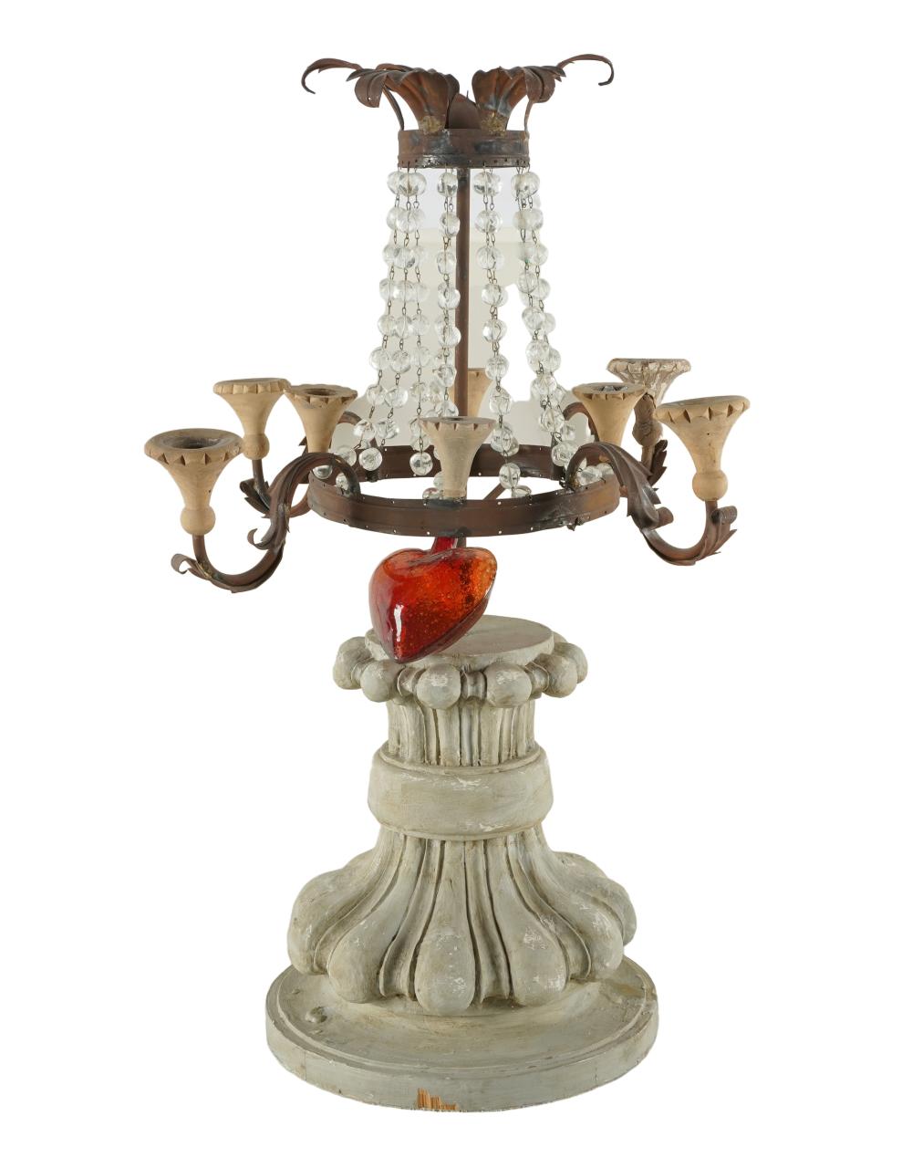 Appraisal: PAINTED WOOD TOLE EIGHT-LIGHT CANDELABRUMwith glass bead strands Provenance The