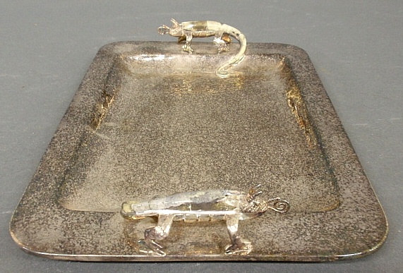 Appraisal: - Los Castillo Taxco rectangular silverplate tray with lizard-form handles