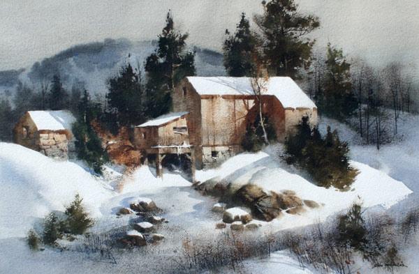 Appraisal: NICHOLAS Tom American - Snowy Mill Watercolor sight size ''