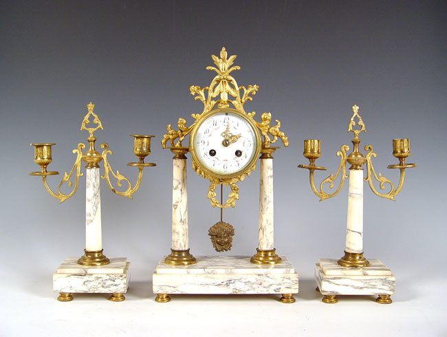 Appraisal: BONNET POTTIER FRENCH PIECE CLOCK GARNITURE Marble brass gilt metal