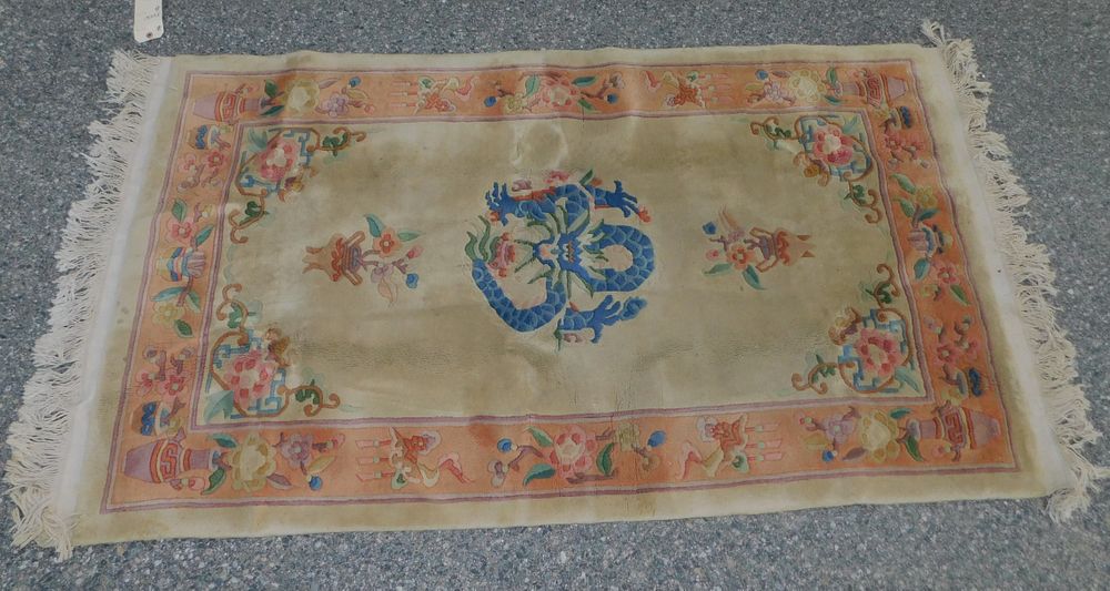 Appraisal: CHINESE DRAGON SCATTER RUG Vintage Chinese sculptured scatter rug with