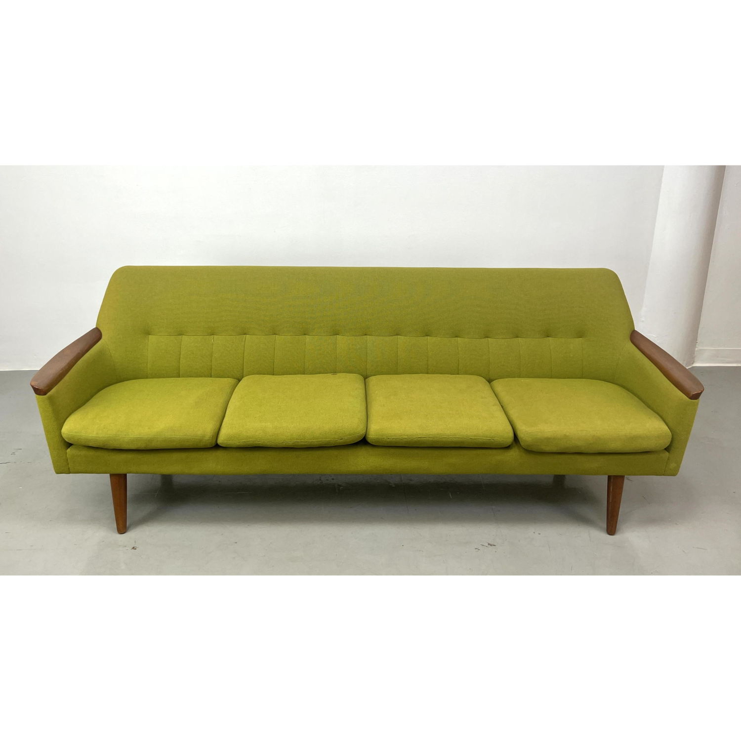 Appraisal: Danish Modern Sofa with Wood Arm Rests Tufted Bright Fabric