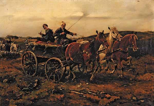 Appraisal: Josef Konarski Polish - Peasants Traveling in Troikas oil on