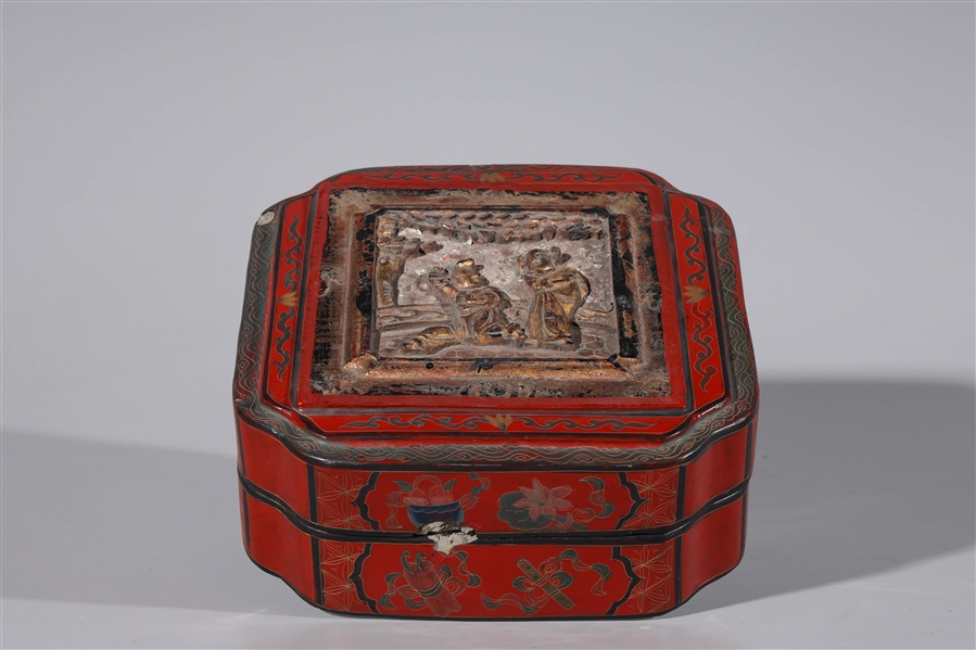 Appraisal: Chinese lacquered and gilt box with couple carved into lid