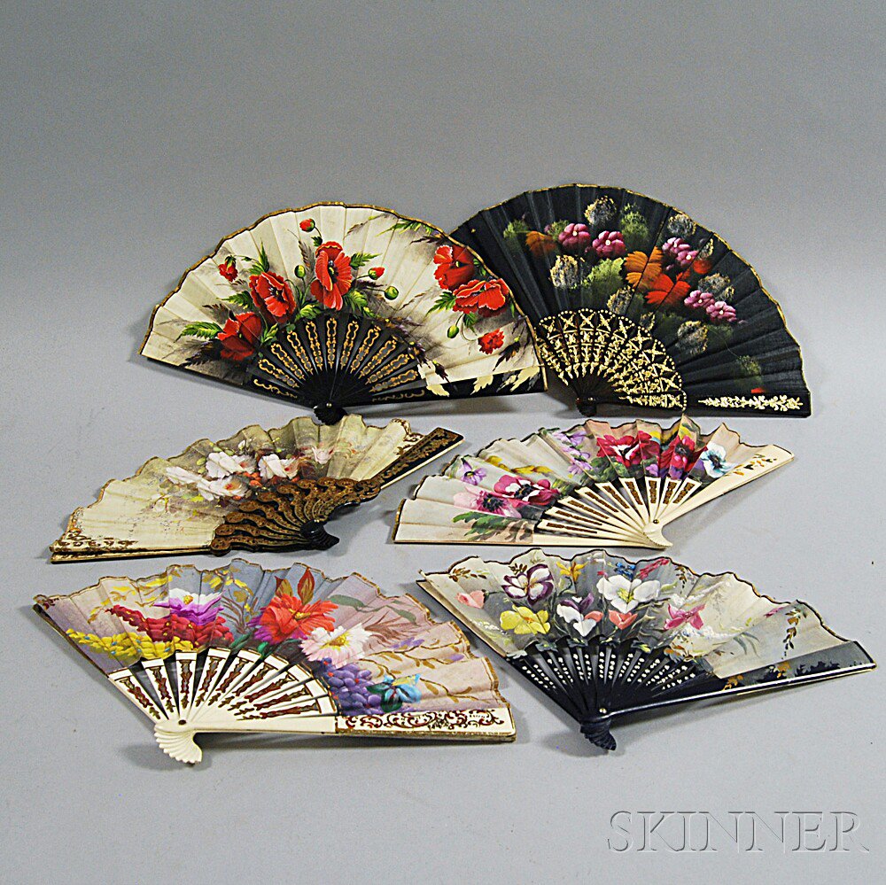 Appraisal: Six Floral-decorated Fans Spain th and th century hand-painted silk