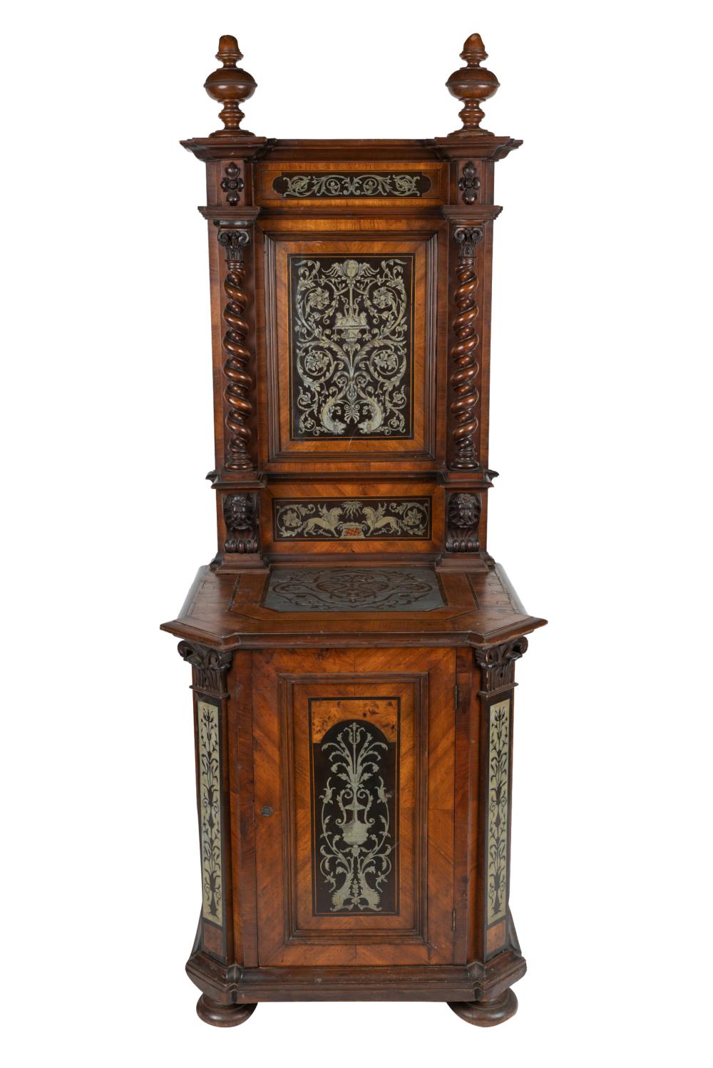 Appraisal: MARQUETRY-INLAID NARROW CABINETthe tall back with metal marquetry-inlaid panel flanked