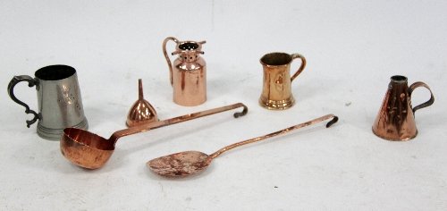 Appraisal: A copper cream skimmer a copper ladle a puzzle jug