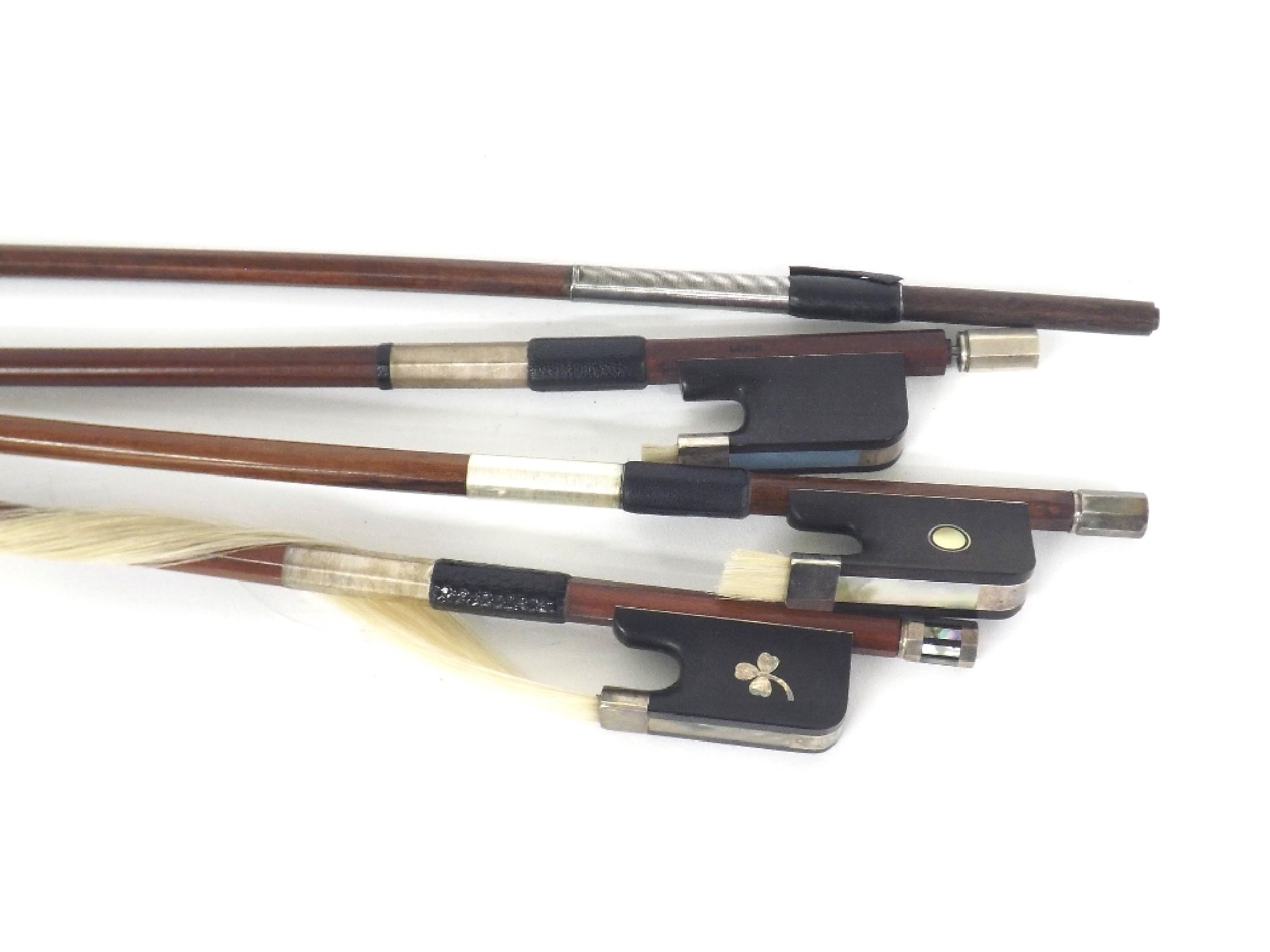 Appraisal: Three various silver mounted violoncello bows also a silver mounted