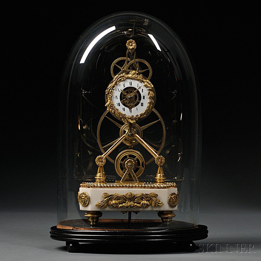 Appraisal: Miniature Ormolu and Marble Great Wheel Skeleton Clock France c