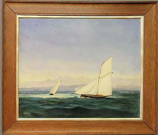 Appraisal: Oil on board painting of sailboats in the Straights of