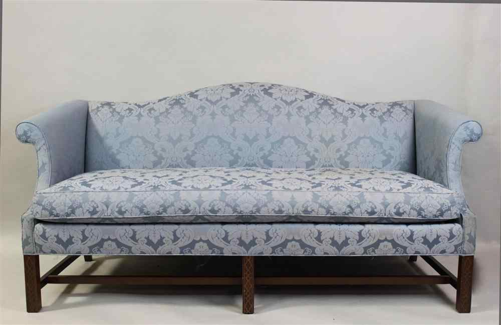 Appraisal: SHERRILL BLUE DAMASK CHIPPENDALE STYLE CAMELBACK SOFA the padded back