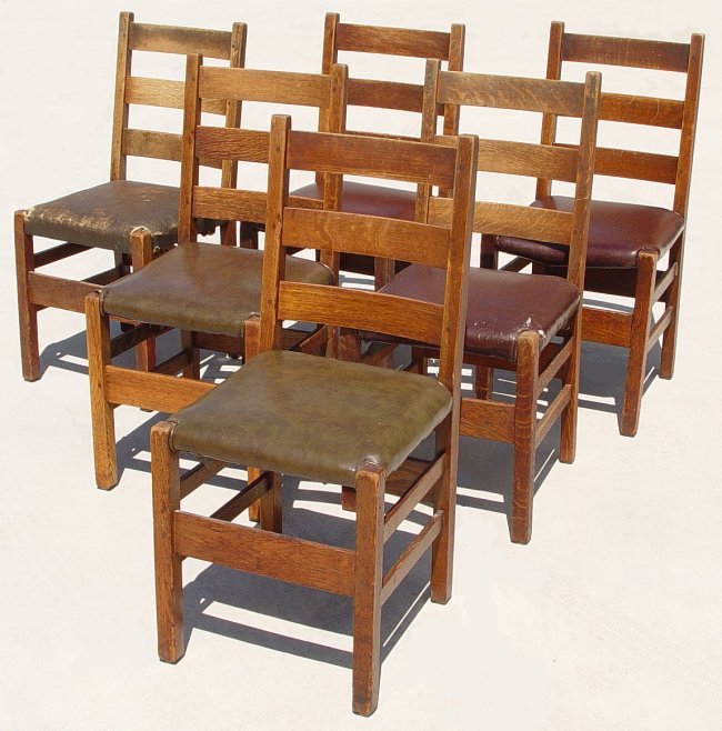 Appraisal: SET OF GUSTAV STICKLEY CHAIRS Ladder back form with leather