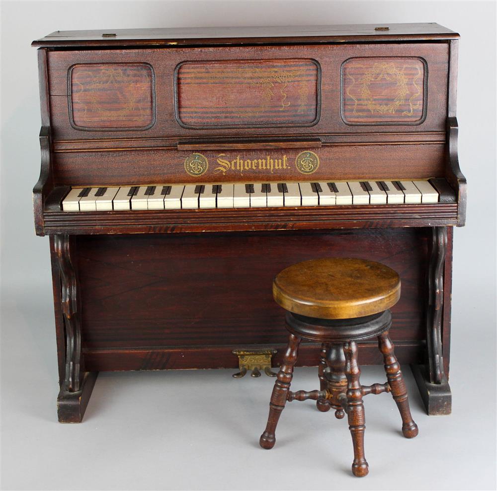 Appraisal: EARLY SCHOENHUT CHILD'S UPRIGHT PIANO WITH VINTAGE ADJUSTABLE STOOL hinged