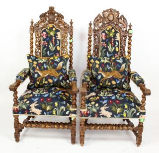 Appraisal: Pair of French Louis XIII carved oak fauteuils Pair of