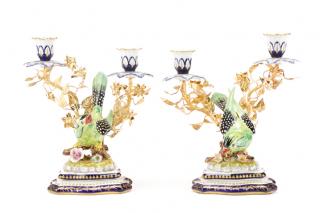 Appraisal: Pair Mangani Gilt Porcelain Bird Candleabra Giulia Mangani Italian founded