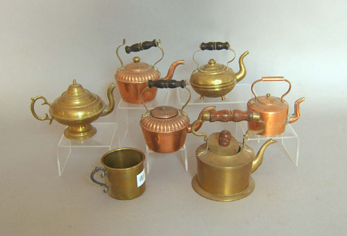 Appraisal: Group of miniature brass and copper tea kettles late th