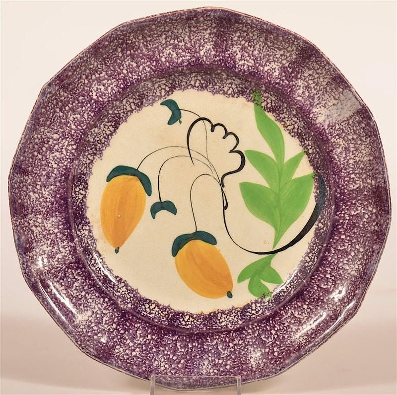 Appraisal: Purple Spatter Acorn Pattern Paneled Plate Purple Spatter Acorn Pattern