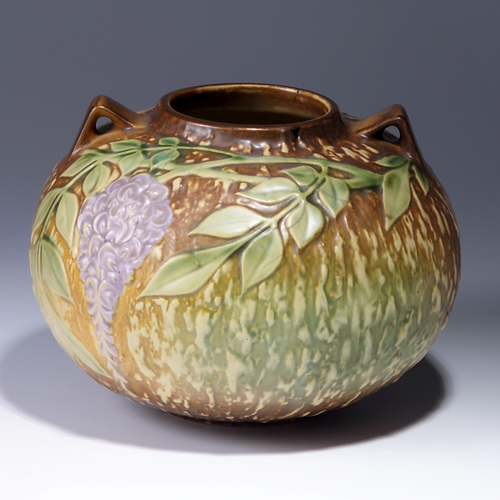 Appraisal: ROSEVILLE Brown Wisteria bulbous vessel - Long lines from rim