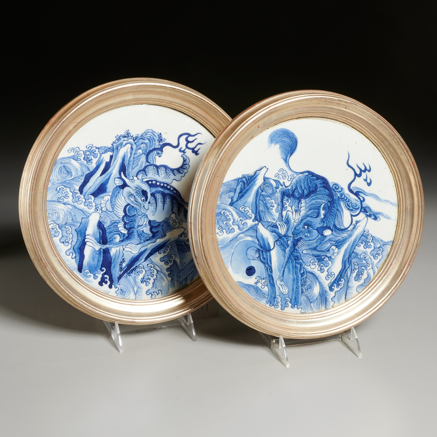 Appraisal: PAIR CHINESE BLUE WHITE PORCELAIN QILIN PLAQUES Qing Dynasty th