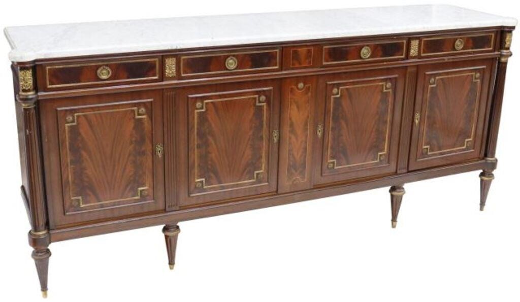 Appraisal: French Louis XVI style marble-top mahogany sideboard th c four