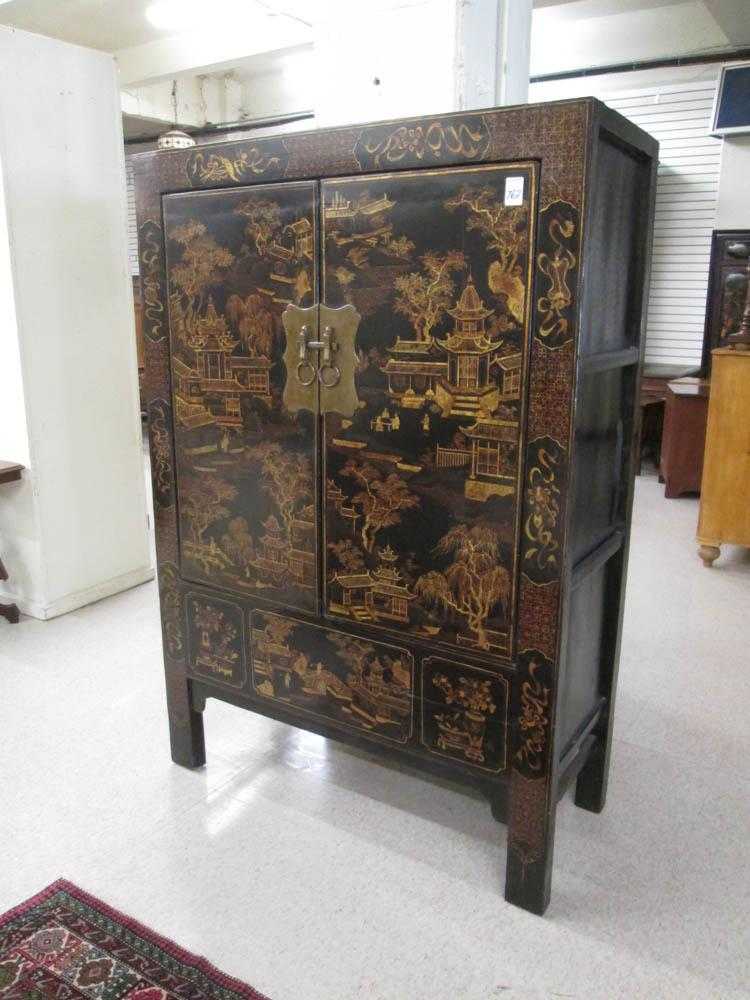 Appraisal: CHINESE GOLD DECORATED BLACK LACQUER CABINET Fujian Fukien Province southeaster