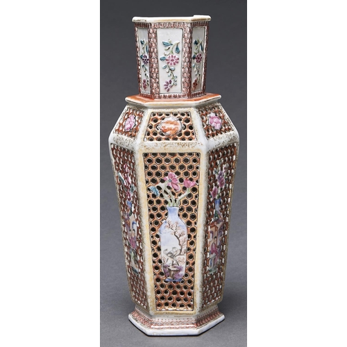 Appraisal: A Chinese export reticulated hexagonal famille rose vase c cm