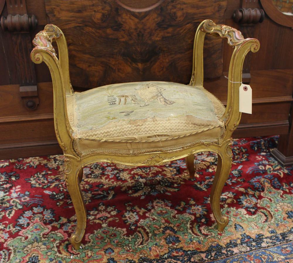 Appraisal: LOUIS XV STYLE GILTWOOD TABOURET French th century with pictorial