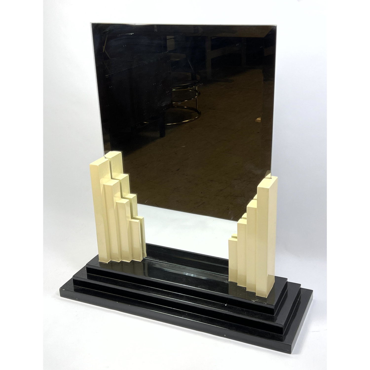 Appraisal: Vintage Art Deco Frame Beveled Mirror Black and Cream Paint