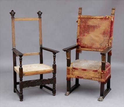 Appraisal: TWO ITALIAN BAROQUE-STYLE CARVED WALNUT ARMCHAIRS The one with velvet