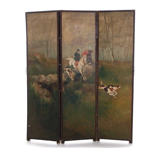 Appraisal: Fox hunt scene-painted floor screen early th century signed Mabel