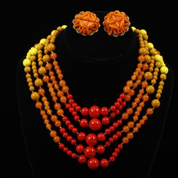 Appraisal: Miriam Haskell pc Sunrise Orange Multi Strand Bib Necklace with