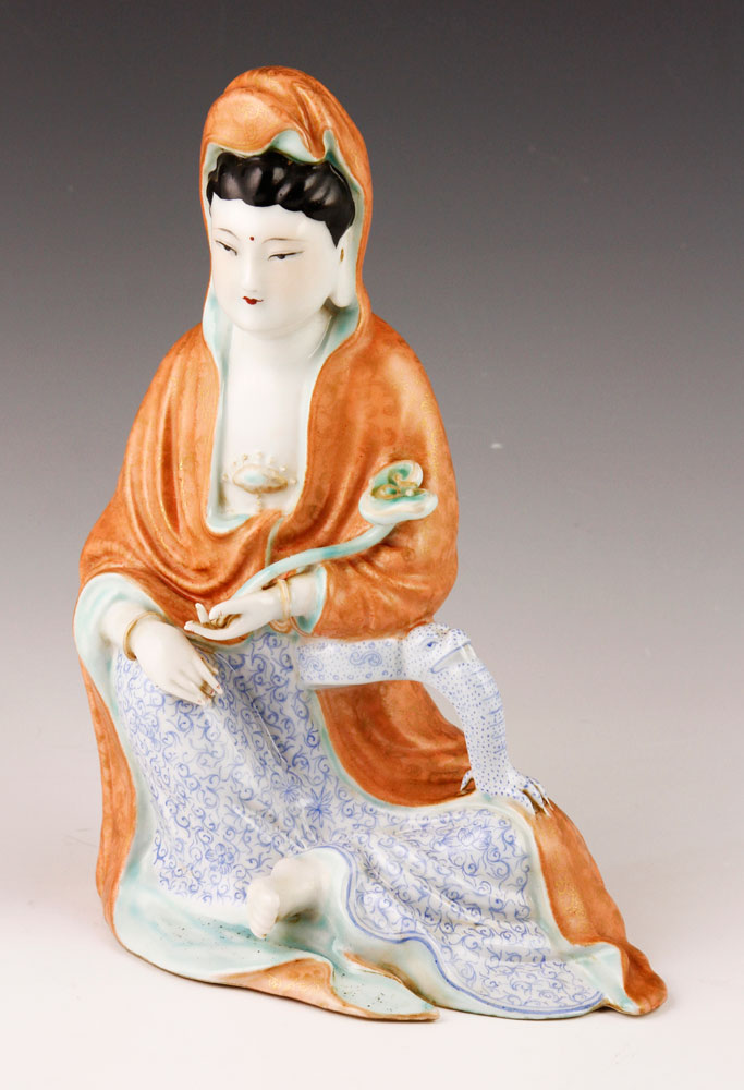 Appraisal: - Famille Rose Guanyin Figure Famille rose porcelain seated Guanyin