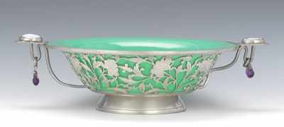 Appraisal: Peking Glass Pewter and Carved Hardstone Bowl Rich translucent jade