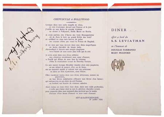 Appraisal: UNITED STATES LINES Leviathan Farewell Dinner Menu Signed by Douglas