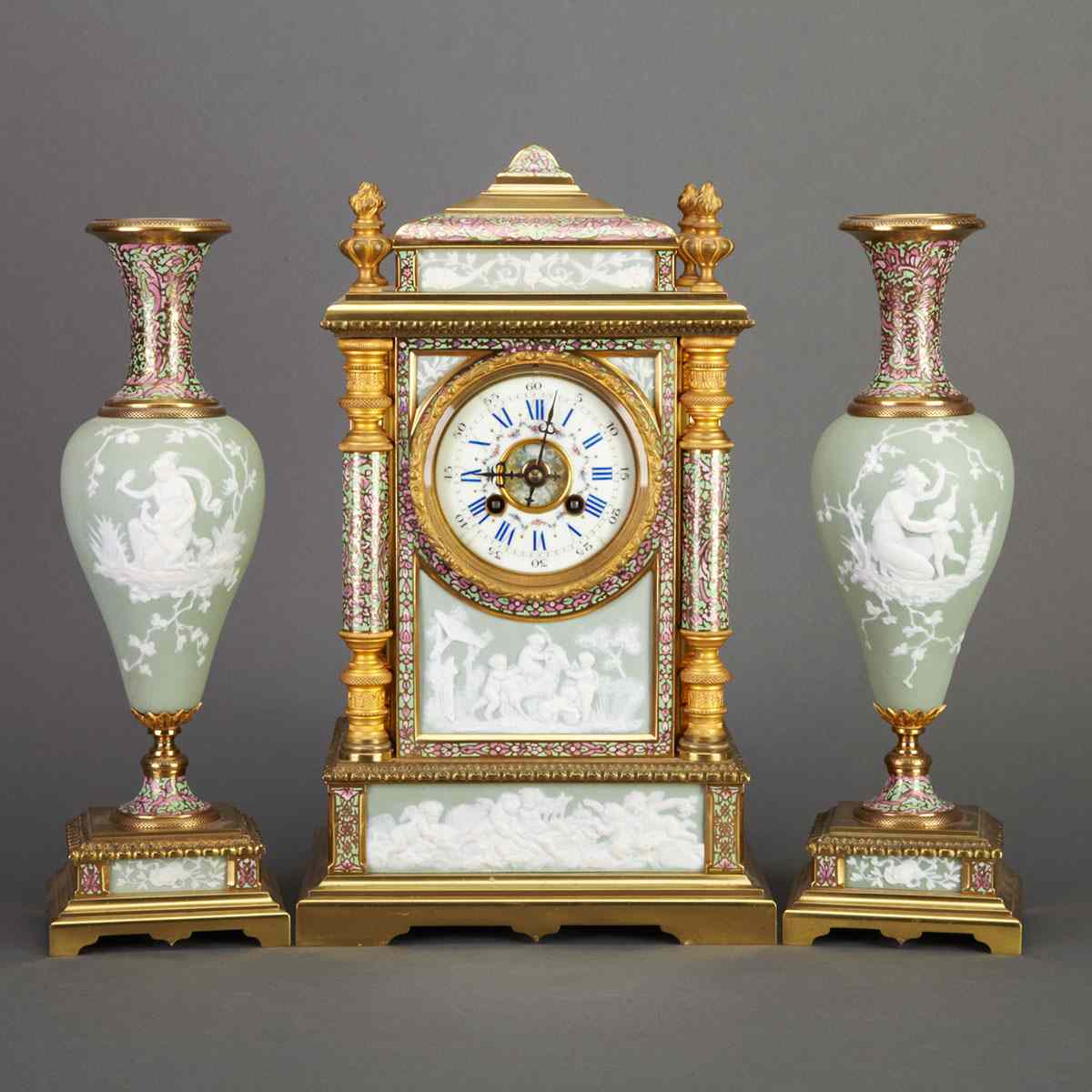 Appraisal: Three Piece French Biscuit Porcelain Mounted and Cloisonne Enamelled Gilt