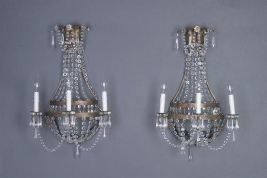 Appraisal: PAIR NIERMANN WEEKS TOLE AND CRYSTAL CAMPAIGN THREE-LIGHT SCONCES Each