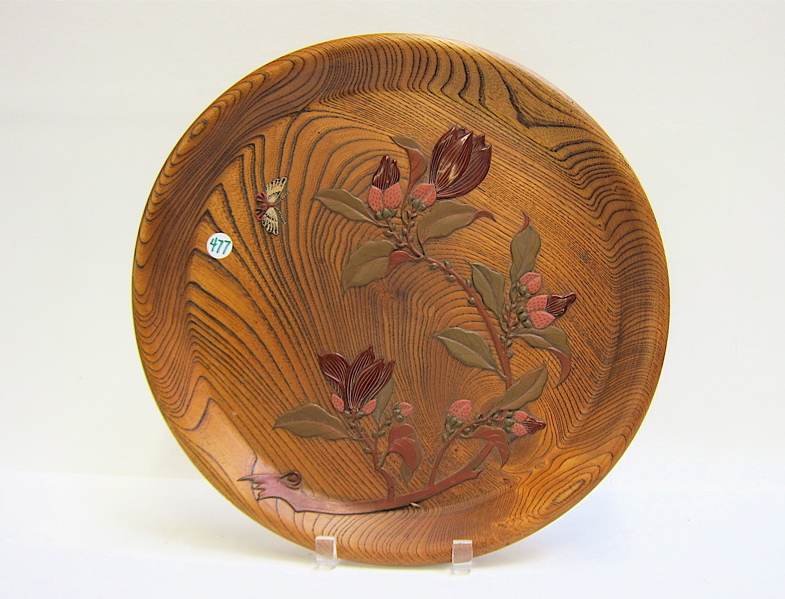 Appraisal: JAPANESE CARVED AND LACQUERED WOODEN TRAY having colorful flowering branch