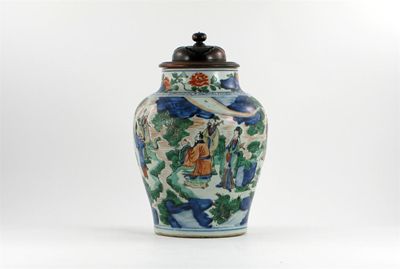 Appraisal: A Chinese wucai baluster vase painted with Shoulao standing flanked