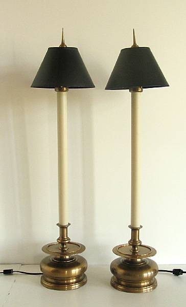 Appraisal: A pair of Baroque style brass candlestick lamps modern Each