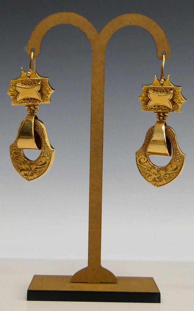 Appraisal: PAIR OF ANTIQUE KT YELLOW GOLD HANGING EARRINGS Each about