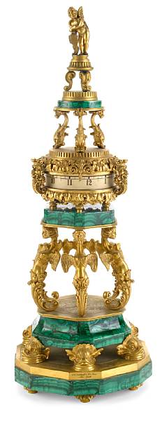 Appraisal: A gilt bronze mounted malachite clock E F Caldwell amp