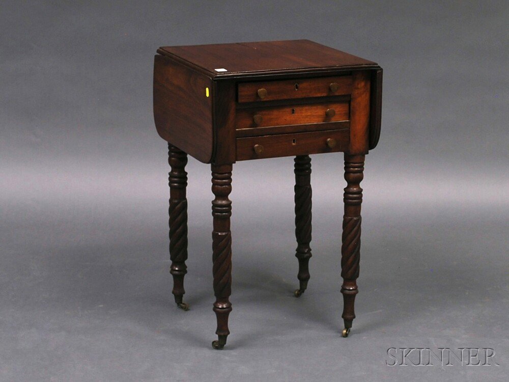 Appraisal: Classical Mahogany Three-drawer Drop-leaf Worktable America early th century ht